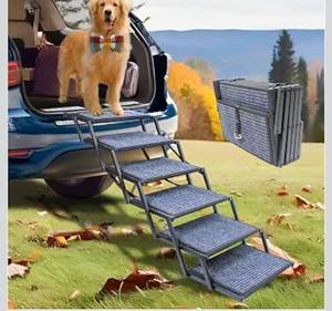 lot 6048 image: Extra Wide Dog Ramp for Car Truck and SUV Dog Stairs for Large Dogs Folding Pet Stairs with Non-Slip Rug Surface Supports Up to 280 lbs (Wide 6 Steps)