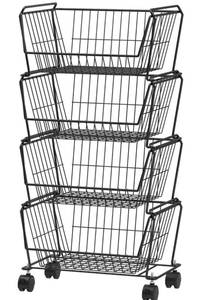 lot 6051 image: PUSDON 4-Tier Large Stackable Wire Storage Baskets with Wheels, Metal Rolling Utility Cart Organizer, Produce Basket for Kitchen Pantry, Floor Shelf, Matte Black