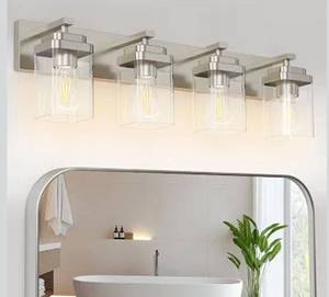 lot 6062 image: Brushed Nickel Bathroom Light Fixtures, 4 Lights Bathroom Lighting Fixtures Over Mirror, Square Design & Rectangle Large Backplate, Modern Vanity Lighting Fixtures, for Living RoomBedroom