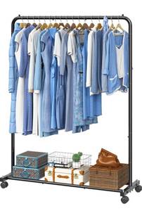 lot 6103 image: Simple Trending Clothing Rack for Hanging clothes, Portable Garment Rack with Bottom Shelf, Metal Clothes Rack on Wheels for Bedroom, Laundry Room, Black