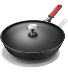 lot 6106 image: Carbon Steel Pan, 12 Inch Nonstick Frying Pan Skillet with Lid, Pre-Seasoned Carbon Steel Cookware with Removable Silicone Handle Holder, IndoorOutdoor, Induction & Oven Safe