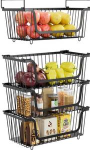 lot 6107 image: 4 Pcs Stackable Wire Baskets for Pantry Organizers and Storage,Kitchen Storage Metal Baskets,Produce Potato Onion Storage Bin,Vegetable Fruit Basket for Countertop,Black