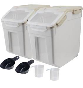 lot 6124 image: Large Flour Storage Container Bin 25lb, 2Pack Airtight Rice Storage Containers with Wheels Seal Locking Lid, BPA Free with Measuring Cup&Scoop for Flour, Rice, Grain(Gray)