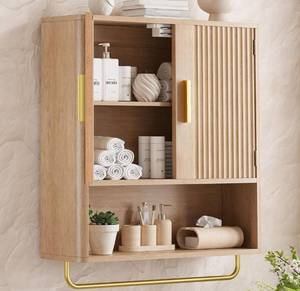 lot 6130 image: Bathroom Wall Cabinet, Medicine Cabinet with Fluted Door & Adjustable Shelf, Over the Toilet Storage Cabinet with Towel Bar, Cabinet Wall Mount for Laundry Room & Kitchen, Wood