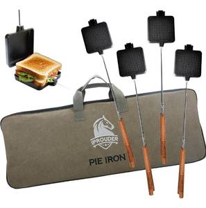 lot 6136 image: Campfire Pie Iron 4.9 Large Cast Iron Sandwich Maker for Camping 4 Pcs with Storage Bag - 22.6 inch Thickened Handles - Campfire Cooking Equipment for Grilling & Outdoor Cooking