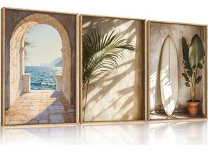 lot 6143 image: French Landscape Framed Canvas Wall Art Set, Ocean Coastal Style Wall Decor, Palm Tree Surfboard Wall Painting, Ocean Seascape Art Prints for Living Room, Bedroom, 23X35 inches