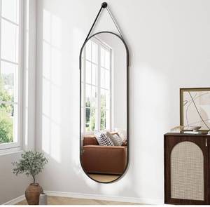 lot 6145 image: Full Length Mirror, Oval Wall Mounted Mirror, 48x16 Door Mirrors Full Length with Hanging Leather Strap with Aluminum Frame for Bathroom Living Room Entryway (Black)