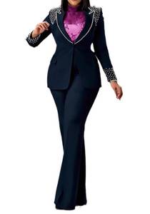 lot 6215 image: Tcremisa Womens Fashion Pants Suit 2 Piece Business Outfits Pearls Long Sleeve Blazer and Slim Fit Pants Sets Navy Small
