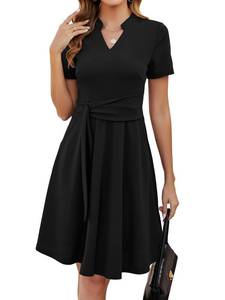 lot 6216 image: Mokayee Black Dresses for Women 2026 Funeral Summer Short Sleeve V Neck Knee Length Fit and Flare Semi Formal Church Flattering Business Casual Wear to Work Wedding Guest Dress with Pockets M
