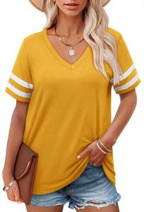 lot 6233 image: Angerella Shirts for Women Summer Casual Short Sleeve V Neck Tops Loose Fit Ginger Yellow T Shirt L