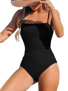 lot 6239 image: CUPSHE Womens One Piece Swimsuit Square Neck Cutout Back Tummy Control Adjustable Straps Striped Swimwear, L Black