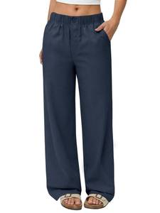 lot 6254 image: COPYLEAF Linen Pants Women Wide Leg Elastic Waist Flowy Palazzo Casual Pants with Pockets Beach Travel Trousers(Navy Blue L)