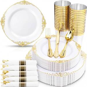 lot 6261 image: Nervure 350PCS Gold Plastic Plates - Gold Plastic Dinnerware Sets for 50 Guests - 100 Disposable Plates, 150 Silverware, 50 Cups, 50 Napkins for Wedding & Party