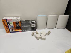 lot 44 image: Lot Orbi WiFi System 3-Pack, Creative Webcam, ASUS Switch, Power Adapters
