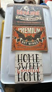 lot 320 image: Halloween Decorative Sign Lot Bone Powder Bat Wings Home Sweet Haunted Home