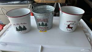 lot 322 image: Christmas Decor Bundle 3 Metal Buckets Ornaments Greenery Sprays