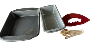 lot 348 image: Wilton Baking Pan Set 2 Rectangular Pans Measuring Spoons Silicone Spatula