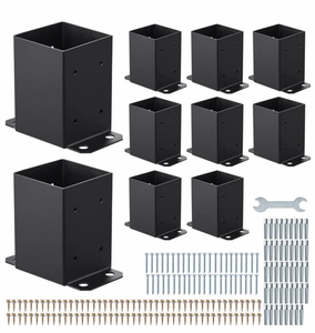 lot 17960 image: VEVOR 4x4 Post Base 10 Pcs, Inner Size 3.6x3.6 inch  91.44x91.44 mm Post Brackets, Heavy Duty Carbon Steel Decking Posts, Wood Posts Brackets for Pavilion Deck Railing Support Deck Base Plate, Black - Retail $70