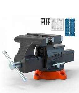 lot 18009 image: VEVOR Bench Vise, 6.5 Jaw Width 6.5 Forward &9.3 Reverse Opening, 360-Degree Swivel Locking Base Multipurpose Workbench with Anvil, Heavy Duty Ductile Iron with Bolts & Nuts, for Drilling, Pipe Cut - Retail $89