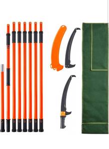 lot 18017 image: VEVOR Manual Pole Saw, 7.3-27 ft Extendable Tree Pruner, Sharp Steel Blade High Branches Trimming, Manual Branch Trimmer with Lightweight 8 Fiberglass Handles, for Pruning Palms and Shrubs - Retail $79