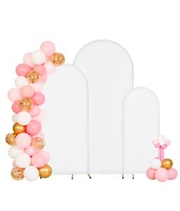 lot 18022 image: VEVOR Arch Backdrop Stand, Set of 3, 654 ft, Stable Structure, Easy Assembly, Gold Metal Arch Backdrop Stand with Cover, for Wedding, Birthday Party, Graduation, Celebration, and Ceremony Decoration - Retail $76