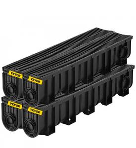 lot 18025 image: VEVOR Trench Drain System, Channel Drain with Plastic Grate, 5.9x7.5-Inch HDPE Drainage Trench, Black Plastic Garage Floor Drain, 4x39 Trench Drain Grate, with 4 End Caps, for Garden, Driveway-4 Pack - Retail $110