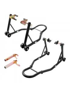 lot 21264 image: VEVOR Motorcycle Stand Lift, 850lbs Front Rear Combo Stand Lift Stand, Front and Rear Wheel Fork Stand, UL Fork Swingarm Spool, Compatible with Most Yamaha Honda Kawasaki Suzuki Motorcycles, Black - Retail $70