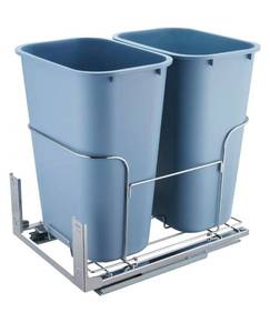 lot 21269 image: VEVOR Pull-Out Trash Can, 35Lx2 Double Bins, Under Mount Kitchen Waste Container with Slide and Door Mounting Kit, 110 lbs Load Capacity Heavy Duty Garbage Recycling Bin for Kitchen Cabinet, Sink - Retail $82