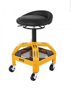 lot 21275 image: VEVOR Rolling Garage Stool, 300LBS Capacity, Adjustable Height from 24 in to 28.7 in, Mechanic Seat with 360-degree Swivel Wheels and Tool Tray, for Workshop, Auto Repair Shop, Yellow - Retail $102