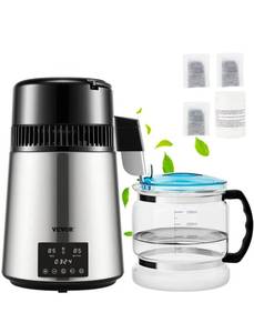 lot 21286 image: VEVOR 1.1Gal Water Distiller, 0.3GalH, 750W Distilled Water Maker Machine 0-99H Timing Dual Temp Display, 304 Stainless Steel Countertop Distiller Glass Carafe Cleaning Powder 3 Carbon Packs, Silver - Retail $106