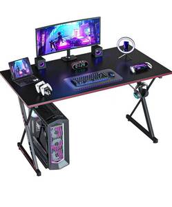 lot 21309 image: CubiCubi Gaming Desk 40 Inch PC Computer Desk, Carbon Fiber Home Office Desk Table Gamer Workstation, Simple Game Table with Headphone Hook, Black - Retail $0