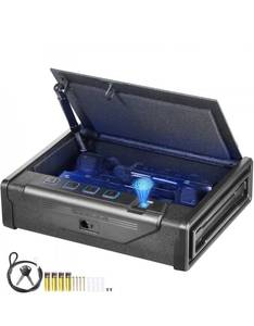 lot 21315 image: VEVOR Gun Safe for Pistols, Biometric Gun Safe with Three Quick Access Ways of Fingerprints, Passwords and Keys, Handgun Safe for 2 Pistols for Home, Bedside, Nightstand, Car - Retail $78
