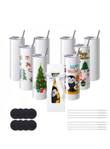 lot 21327 image: VEVOR 8 Pack Sublimation Tumblers 20 Oz Skinny Straight, Stainless Steel Sublimation Tumblers Blank, Stainless Steel Double Wall Tumbler for Heat Transfer Customized Gifts with Lid and Straw, Gift Box - Retail $48