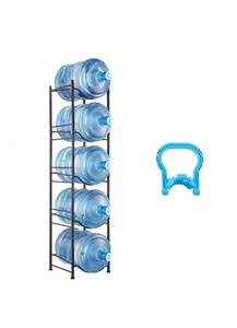 lot 21334 image: VEVOR 5 Tiers Water Jug Holder, 5 Gallon Water Bottle Holder, Single Row Water Bottle Rack for 5 Bottles, Heavy Duty Water Jug Rack for Kitchen, Office, Living Room, Black - Retail $42