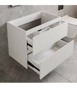 lot 21339 image: 30 Wall Mounted Bathroom Vanity Base, Black Storage Cabinet Vanity with Two Soft Close Drawers, Handle-Free Design (Sink Top not Included) Item is Black not White - Retail $0