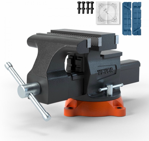 lot 21340 image: VEVOR Bench Vise, 6.5 Jaw Width 6.5 Forward &9.3 Reverse Opening, 360-Degree Swivel Locking Base Multipurpose Workbench with Anvil, Heavy Duty Ductile Iron with Bolts & Nuts, for Drilling, Pipe Cut - Retail $90