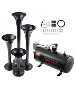 lot 21379 image: VEVOR Train Horns Kit, 4 Trumpet Air Horn Kit, 150dB Train Horns for Pickup Trucks, 12V 120 psi Air Compressor 0.8 Gal3 L Tank with Gauge for Any 12V Vehicle Car Truck Train Van Boat - Retail $90