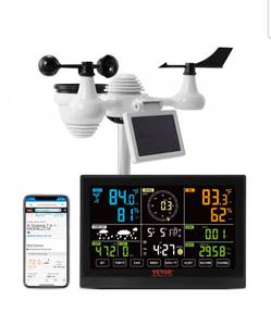 lot 21382 image: VEVOR 7-in-1 Wi-Fi Weather Station, 7.5 in Color Display, Home Weather Station Indoor Outdoor, with Solar Wireless Outdoor Sensor Alarm Alerts, for Temperature Humidity Wind SpeedDirection Rain - Retail $98