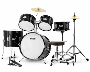 lot 21402 image: VEVOR Kids Drum Set, 5-Piece, 16 in Beginner Full Drum Set with Bass Toms Snare Floor Drum Adjustable Throne Cymbal Hi-Hat Pedal and Two Pairs of Drumsticks, Starter Drum Kit for Child Kids, Black - Retail $160