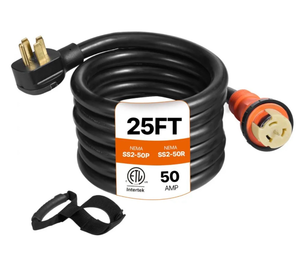 lot 21407 image: VEVOR Heavy Duty Generator Cord, 25 Feet Generator Power Cord, 50AMP ETL Listed Cord, 12000 W Cable, NEMA 14-50P Generator Plug, SS2-50R Extension Cord, 125250V Generator Wire with Portable Strap - Retail $101
