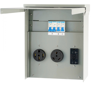 lot 21410 image: VEVOR Temporary Power Outlet Panel, 125250V, RV Power Outlet Box with a 203050 Amp Receptacle Installed, NEMA 14-50R  NEMA TT-30R  15A GFCI for RV Camper Trailer Motorhome - Retail $109