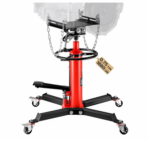 lot 21436 image: VEVOR Transmission Jack,0.75 Ton1660 lbs Capacity Hydraulic Telescopic Transmission Jack, 2-Stage Floor Jack Stand with Foot Pedal, 360° Swivel Wheel, GarageShop Lift Hoist, Red - Retail $189