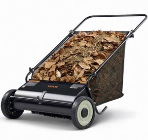 lot 21444 image: VEVOR Push Lawn Sweeper, 26-inch Leaf & Grass Collector, Strong Rubber Wheels & Heavy Duty Thickened Steel, Durable to Use with Large Capacity 7 cu. ft. Mesh Collection Hopper Bag, 4 Spinning Brushes - Retail $109