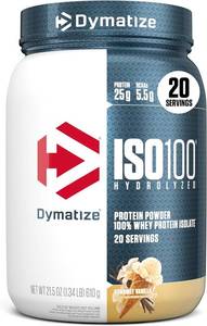 lot 7529 image: Dymatize ISO100 Whey Protein Powder Isolate, Gourmet Vanilla, 25g of Protein, 5.5g BCAAs, Less Than 120 Cal., Gluten Free, 1g Fat, 1g Sugar, 2g Carb (24 Servings)