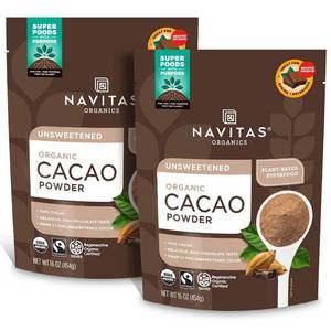 lot 7667 image: Navitas Organics Cacao Powder - Cocoa Powder Substitute 11, For Hot Chocolate, Baking & More - Regenerative Organic Certified, Non GMO, Fairtrade, Gluten Free, Non-alkalized (16oz. Bag, Pack of 2) - BB JULY 2025