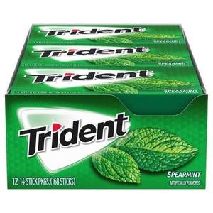 lot 7669 image: Lot of 7 Trident Sugar-Free Spearmint Gum, 14 Piece, 12 Packs (84 Packs, 1,176 Pieces Total) - Breath-Tingling Spearmint Flavor, Sugar Free Chewing Gum for On-The-Go Freshness BB MAY 2026