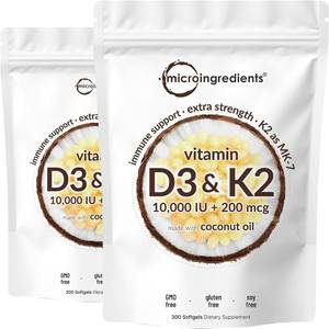 lot 7700 image: Micro Ingredients Vitamin D3 10,000 IU  K2 MK-7 200 mcg, 600 Softgels with Virgin Coconut Oil (2 Pack)  2-in-1 Vitamins D & K Complex  Extra Strength, Easy to Swallow, Non-GMO, Gluten Free BB 52027