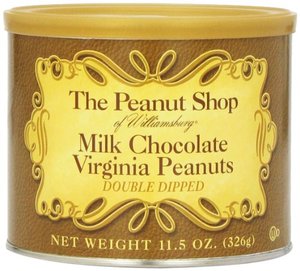 lot 7704 image: The Peanut Shop of Williamsburg Double Dipped Milk Chocolate Virginia Peanuts, 11.5-Ounce Tin - BB OCT 2025