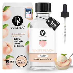 lot 7708 image: Dolce Flav Natural White Peach Extract 2 oz   Kosher, Sugar-Free, Concentrated Sweet White Peach Flavoring for Beverages, Desserts & Baking, Includes Measured Dropper - BB 22027