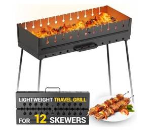 Charcoal Grill for 12 Skewers - Portable BBQ Mangal - Foldable Metal Grill for Shashlik, Kebab, Picnic, Outdoor Cooking (Skewers Not Included)